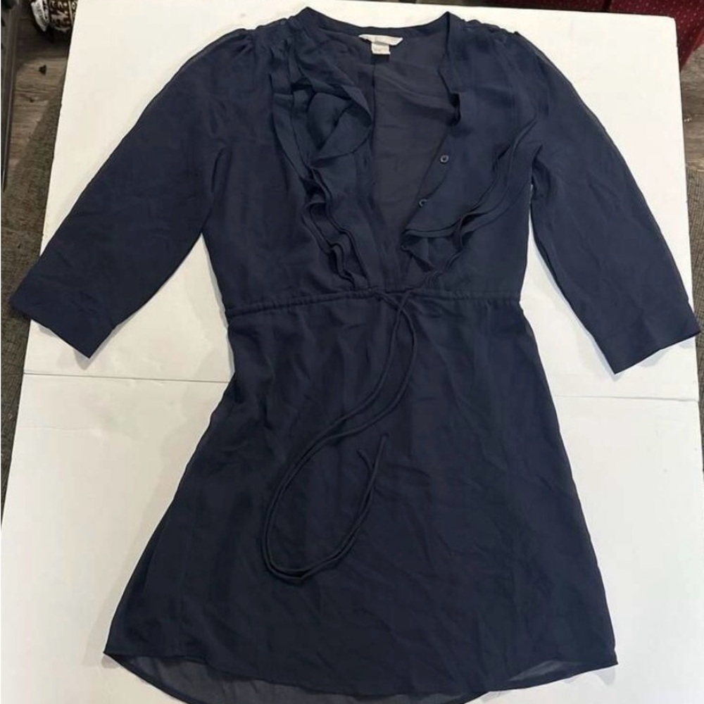 H&M Navy Blue Ruffled V-Neck Chiffon 3/4 Sleeve Mini Dress with Tie Waist